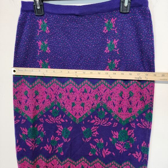 Vintage SML Sport Knit Midi Skirt Size L Purple Pink Cottage Twee Kitsch 80s 90s - Picture 8 of 9